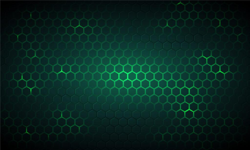 Dark green technology hexagonal vector background. Abstract green bright energy flashes under hexagon in dark technology, modern, futuristic vector illustration. Green honeycomb texture grid.
